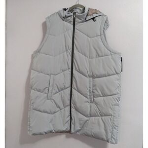 Nuage Chevron Quilted‎ Long Puffer Vest Coat Removable Hood Blue-Gray 2X NWT